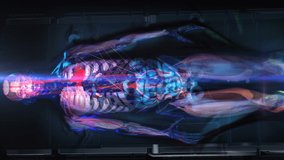 Medical technology concept Animation of Futuristic human Body Scanner. Biometric medical research concept medical data processing. Futuristic examination with hologram human body and health indicators - Powered by Shutterstock - Get 15% off with code: PIKWIZARD15