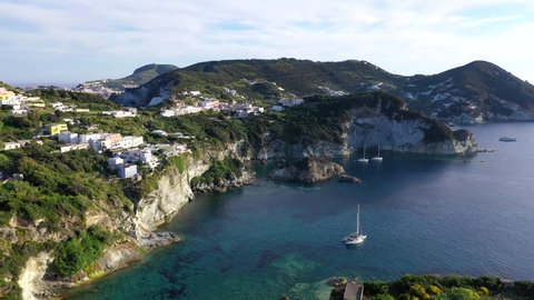 Cala Feola and Cala dell'Acqua. Aerial view of the Island of Ponza, Italy.
Flying with the drone over the beautiful inlets of the coast of the island of Ponza