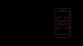 Glowing neon line Mobile phone and eye scan icon isolated on black background. Scanning eye. Security check symbol. Cyber eye sign. 4K Video motion graphic animation.