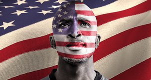 Animation of mixed race man over american flag. patriotism and celebration concept digitally generated video.