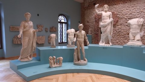 Cracow, Malopolska, Poland - 04.18.2021: Classic Roman and Greek sculptures. National Museum Krakow. Czartoryski Collection. Ancient art artifacts.