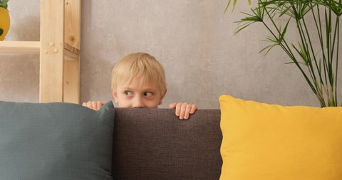 Little cheery blond boy peeks out behind the sofa and looks around. Game of hide-and-seek. Daylight
