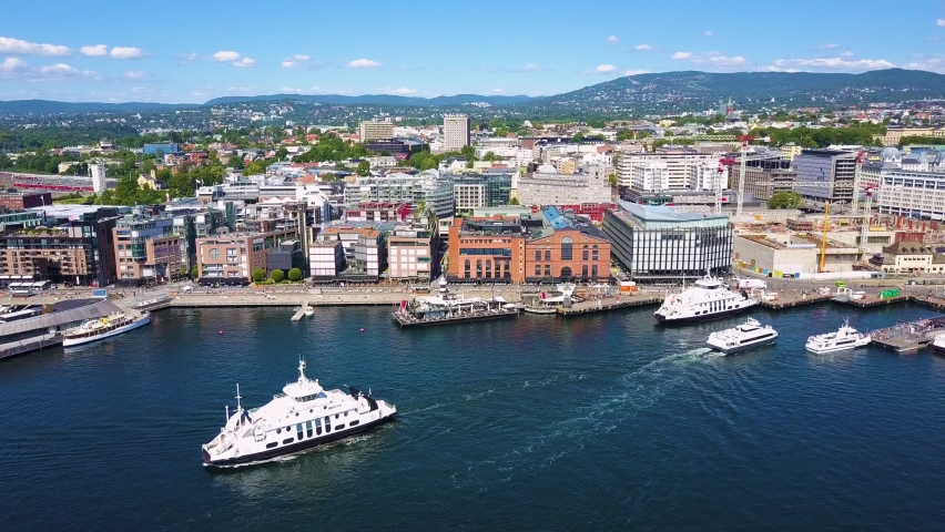 Oslo harbor at the Aker Brygge and Tjuvholmen neighbourhood aerial view in Oslo. Oslo is the capital of Norway.