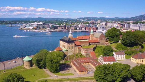 Akershus Fortress aerial panoramic view in Oslo, Norway. Akershus Festning is a medieval fortress that was built to protect Oslo.