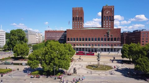 City Hall or Radhus aerial view in Oslo, Norway. Oslo City Hall is a municipal building, houses the Oslo city council.