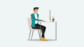 Online workplace 2d animated footage. A man is working on a computer while sitting in a chair. Officer is typing the keyboard on the table.