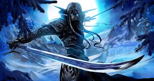 A handsome dark elf warrior with two curved blades stands against the backdrop of a huge winter moon, ready for battle, his eyes glowing with blue magical light. 2D animated looped illustration - Powered by Shutterstock - Get 15% off with code: PIKWIZARD15