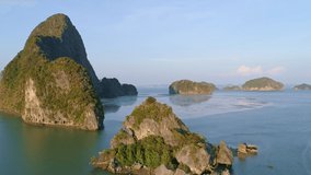 Aerial view Drone video Beautiful Samet Nangshe viewpoint over Phang Nga Bay scenic Landscape mangrove forest and mountains in Andaman sea Amazing drone camera footage nature background and website