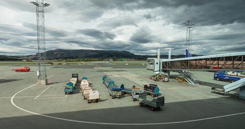Trondheim, Norway - May 10 2019 - Time lapse of Scandinavian Airlines Boeing 737 aircraft during a turnaround in Trondheim Airport