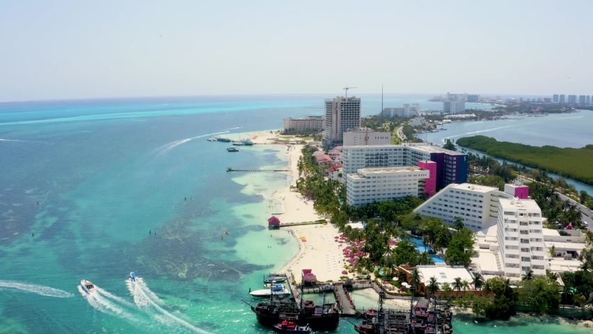 Beautiful scenic view of Cancun from above. Aerial Mexican view with of hotel, beaches and turquoise Caribbean sea. 