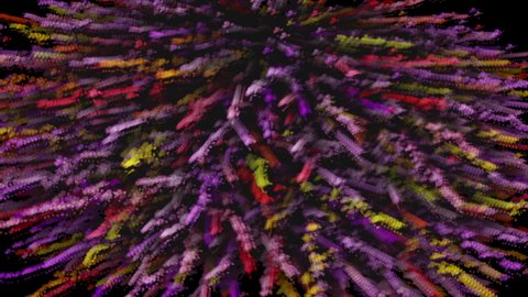 Abstract flight of blurry multicolored particles. Nice plan. 4K. Beautiful holiday background. Isolated black background.