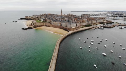 Scenic aerial drone view of Saint-Malo Intra-Muros in Brittany, France