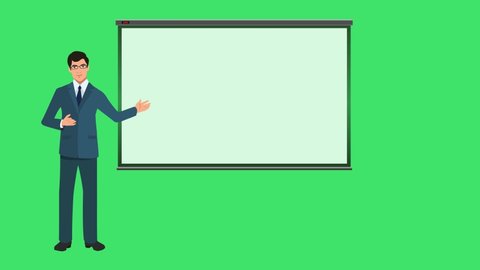 Business Man or Trainer or Team Leader Infographic Animation Cartoon presenting project or business strategy showing ideas on a Green Background and Pointing to a Blank Whiteboard