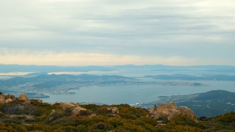 Beautiful view from the top of the Mount Wellington down into the valley and the lake, Australia