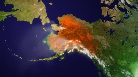 Alaska Forest and Bushfires on Alaska map - 3d animation with smoke and aerial growth of damage - Made of public domain image from NASA