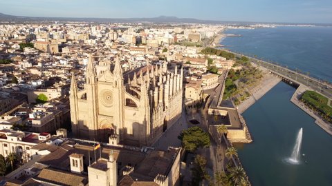 Cinematic Aerial Shot Saint Mary Cathedral La Sea in Palma de Mallorca