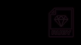 Glowing neon line RUBY file document. Download ruby button icon isolated on black background. RUBY file symbol. 4K Video motion graphic animation.