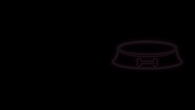 Glowing neon line Pet food bowl for cat or dog icon isolated on black background. Dog bone sign. 4K Video motion graphic animation.