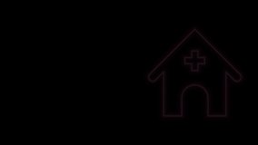 Glowing neon line Veterinary medicine hospital, clinic or pet shop for animals icon isolated on black background. Vet or veterinarian clinic. 4K Video motion graphic animation.
