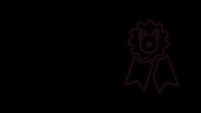 Glowing neon line Dog award symbol icon isolated on black background. Medal with dog footprint as pets exhibition winner concept. 4K Video motion graphic animation.
