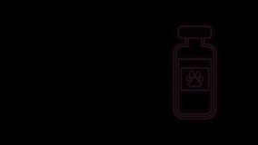 Glowing neon line Pets vial medical icon isolated on black background. Prescription medicine for animal. 4K Video motion graphic animation.
