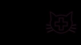 Glowing neon line Veterinary clinic symbol icon isolated on black background. Cross with cat veterinary care. Pet First Aid sign. 4K Video motion graphic animation.