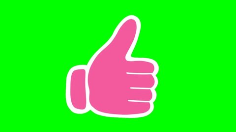 2d Animation of a pink thumb like, icon on a green background. Finger on green screen. Like Animated picture. Chroma key. Useful for website banner, greeting cards, apps and social, media post