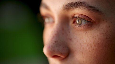 Eyes of wonderful young woman with nice Freckles opening and looking straight. Gorgeous girl with long Eyelashes. Close up of woman's face at sunset, beautiful green eyes, portrait, outdoor