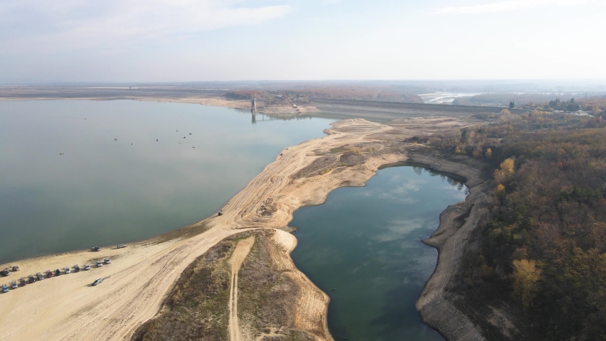 Aerial view of Pyasachnik (Sandstone) Reservoir, Sredna Gora Mountain, Plovdiv Region, Bulgaria