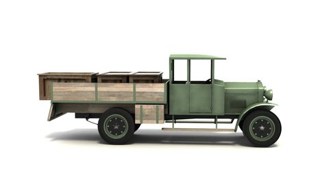 3D video. Polish military truck from the World War II loaded with wooden chests 