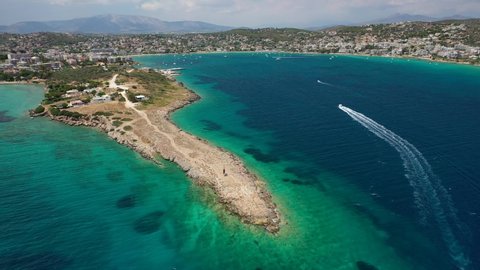 Aerial drone video of beautiful seascape in bay of Porto Rafti, Mesogeia, Attica, Greece