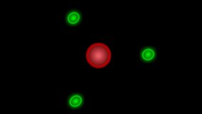 Atom structure animation. Anatomy model. Atoms consist of three basic particles: protons, electrons, neutrons. Nucleus. Electron line orbit shape. Red, blue, green sphere. Black background video