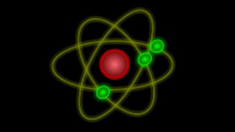 Atom structure animation. Anatomy model. Atoms consist of three basic particles: protons, electrons, neutrons. Nucleus. Electron line orbit shape. Red, blue, green sphere. Black background video