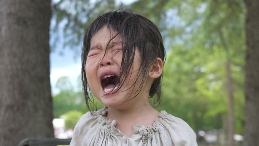 Angry Asian little girl crying and shedding tears. The unpleasant period of infants. Forest background in the park. Holidays with children. 3 years old toddler preschool child Royalty-Free Stock Footage #1073694200