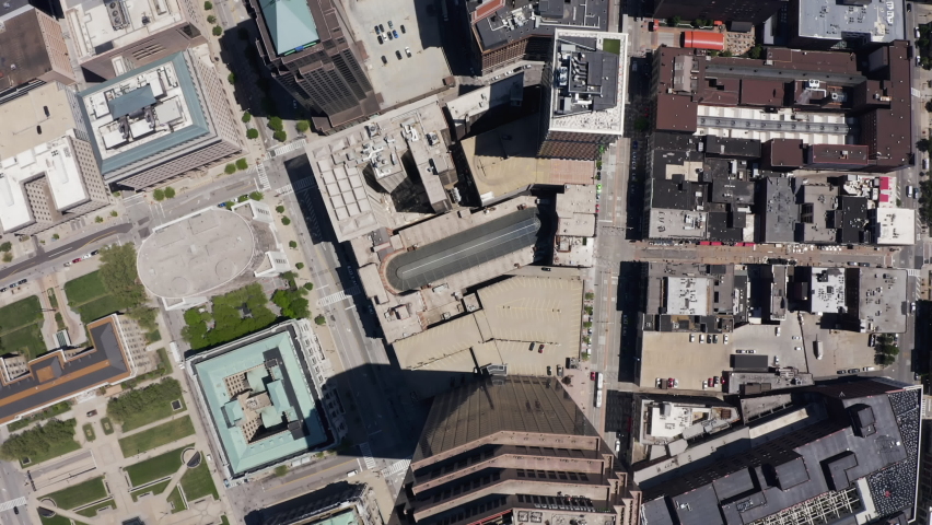 Aerial overhead view of Cleveland downtown, city urban grid with skyscrapers and streets