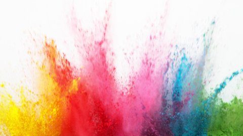 Super slow motion of colored powder explosion isolated on white background. Filmed on high speed cinema camera, 1000fps.