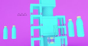 Creative Minimal 3d art. Animated stylish objects bottle in geometric abstract space. Trendy color combination, dynamics, Loop motion, 4k video.