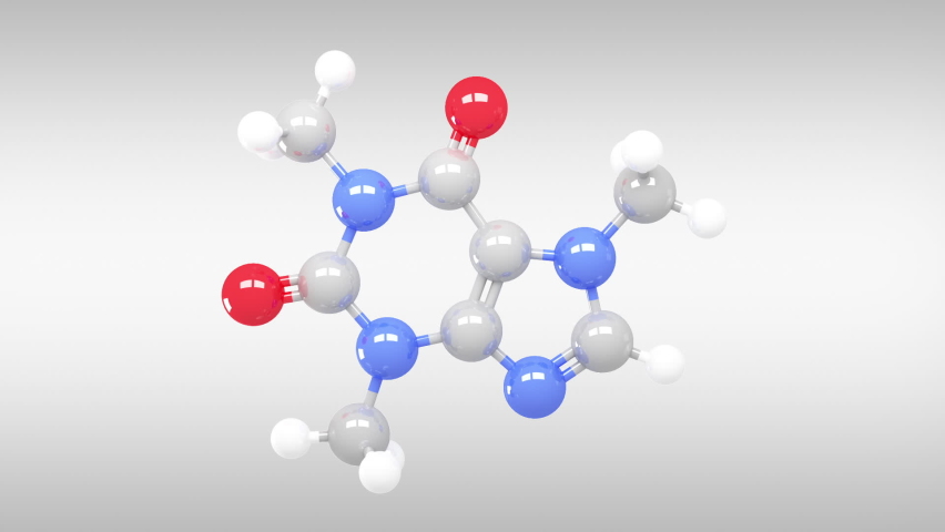 Caffeine C8H10N4O2, high-quality rotating molecular structure. 
Loopable with a luma matte to alpha the molecule. 
Useful for TV commercials, news, scientific and corporate productions. Royalty-Free Stock Footage #1073709242