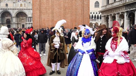 Venice, Italy, 9th February 2020: Costumed People in Venice Carnival, italy. 