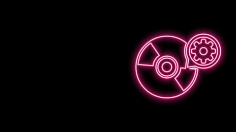Glowing neon line CD or DVD disk and gear icon isolated on black background. Adjusting app, service concept, setting options, maintenance, repair, fixing. 4K Video motion graphic animation.