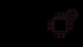 Glowing neon line Processor and gear icon isolated on black background. CPU, chip service concept. Adjusting app, setting options, maintenance, repair, fixing. 4K Video motion graphic animation.