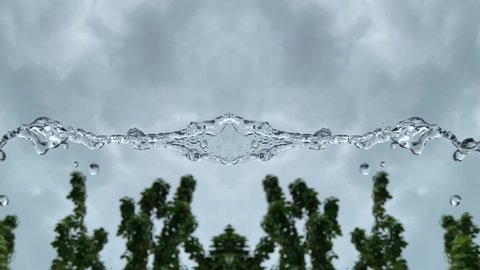 Video collage of water pouring against background of tree and cloudy sky in rainy day. Slow motion concept. Mirror effect.