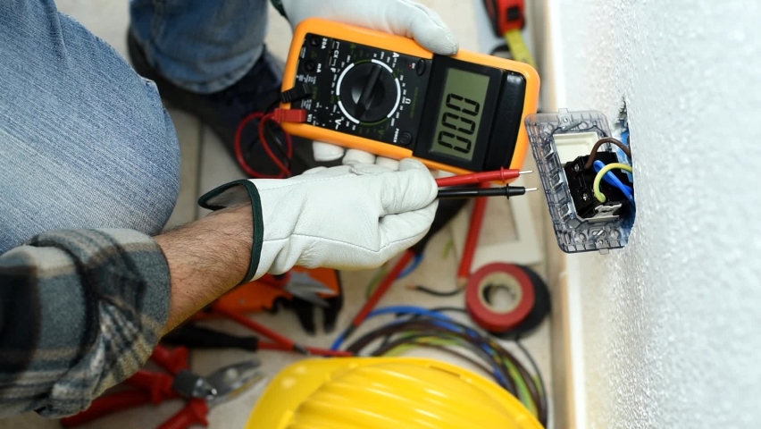 View from above. Electrician worker at work with the tester measures the voltage in an electrical system. Working safely with protective gloves. Construction industry. Footage. Royalty-Free Stock Footage #1073719424