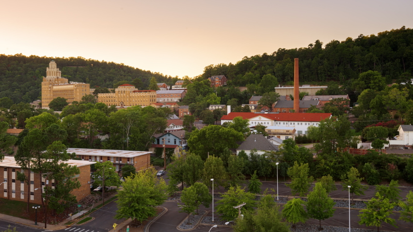 Hot Springs, Arkansas, USA town skyline at dusk.