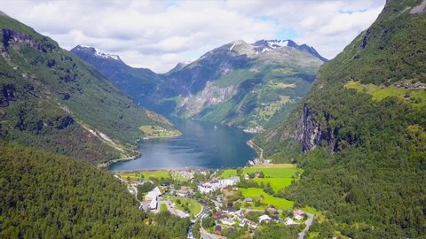 Geirangerfjord near Geiranger village aerial view in Norway