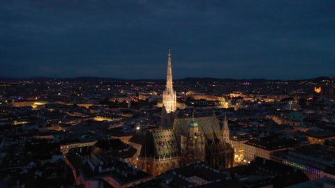 twilight night illumination vienna city famous cathedral central district aerial panorama 4k austria