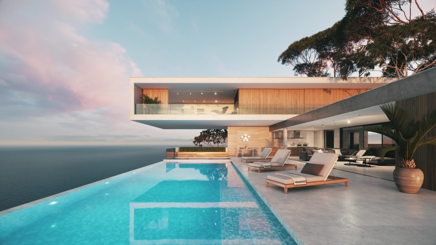 Modern luxury villa at sunset. Private house with infinity pool. 3d visualization | Shutterstock HD Video #1073732252