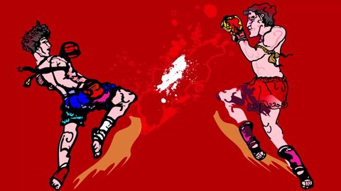  Footage  of Muay Thai fighting on red background
 and blood splash.