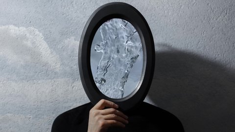 Contemporary artwork, video collage; close-up portrait of young man holding black frame on face, water pouring inside. Slow motion concept.