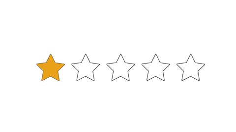 Animation of rating stars, golden yellow color. One golden star. Low rating. Undervaluation. Luma matte, alpha channel.